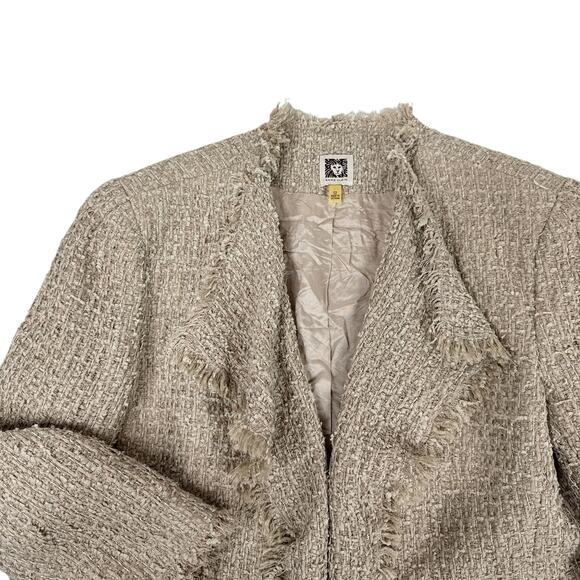 Anne Klein Fringed Tweed Blazer Jacket Women's Size 12 Beige Textured‎ Lined - Picture 4 of 9